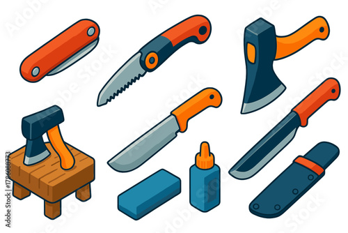 Colorful Camping Gear. Isometric vector illustration set Camping essentials – pocket knife, folding saw, hatchet; axe, machete,