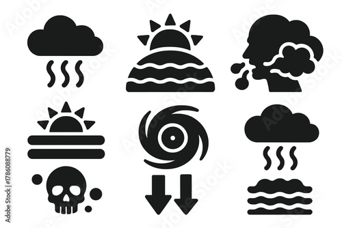 Atmospheric Icons. Solid style icons of atmospheric dread: carbon clouds, heat dome symbols, choking skies. Sun blocked icons,