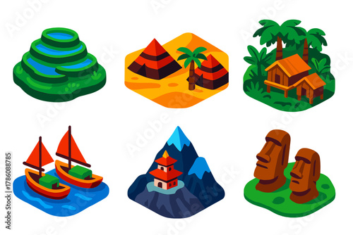 Cultural Landscapes Icons. Isometric vector illustration set Cultural Landscapes: terraced fields, desert nomad tents, rainforest
