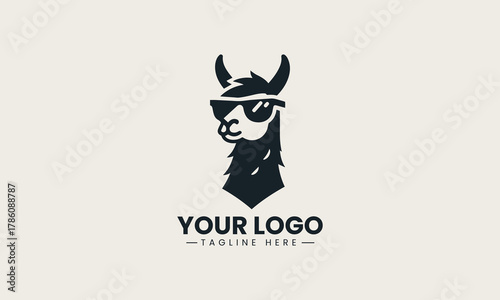 Cool llama wearing stylish sunglasses in a trendy and playful black vector logo design, conveying a fun and hip brand identity