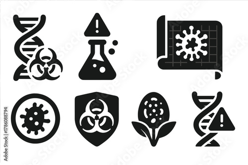 Biohazard Innovation Icons. Solid style icons of bio-hazardous innovation: DNA strand with danger icon, unstable serum vial,