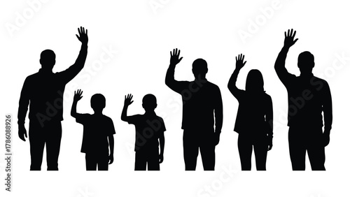 Waving family group silhouettes isolated on white background, Vector