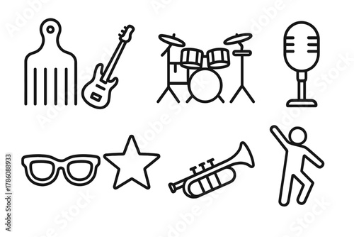 Funky Icons Collection. Line style icons of Funk Style: Afro Comb, Bass Guitar, Drum Kit, Microphone, Sunglasses, Star, Trumpet,