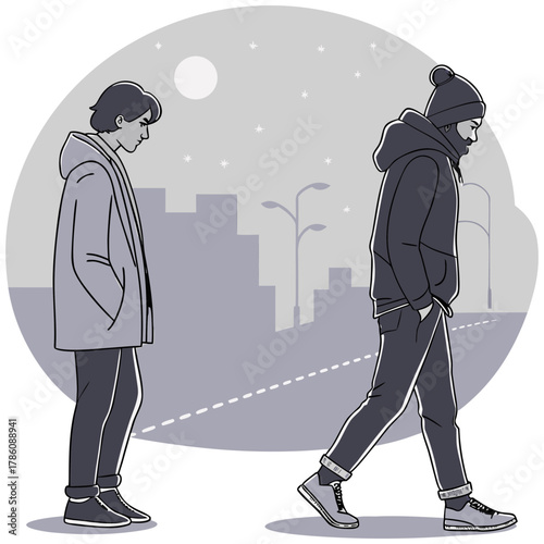 Sad Couple Walking Apart at Night – Emotional Relationship Illustration