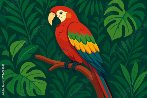 Tropical Parrot Perched. Vibrant tropical parrot perched on a branch surrounded by lush greenery, bold red, vector illustration
