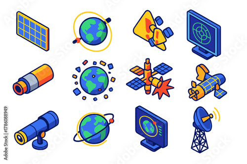 Space Debris Illustrations. Isometric vector illustration set Space Debris: satellite panel fragment, orbital path diagram, risk