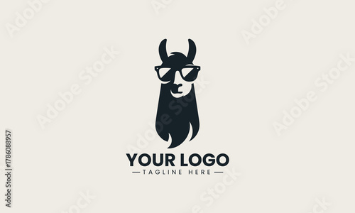 Cool llama wearing stylish sunglasses in a trendy and playful black vector logo design, conveying a fun and hip brand identity