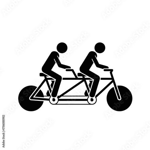 Two people riding a tandem bicycle in a simple, stylized illustration.