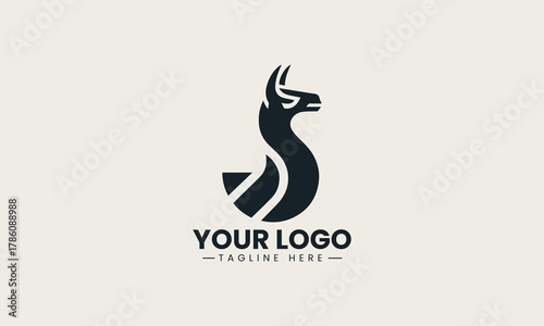 Elegant minimalist llama standing gracefully in a stylized geometric black vector logo design, embodying modern simplicity and charm