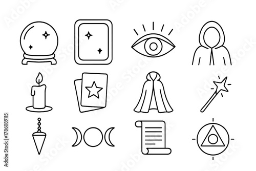 Divination Tools Icons. Line style icons of Divination Practice: Crystal Orb, Black Mirror, Vision, Seer; Candle, Tarot Card,