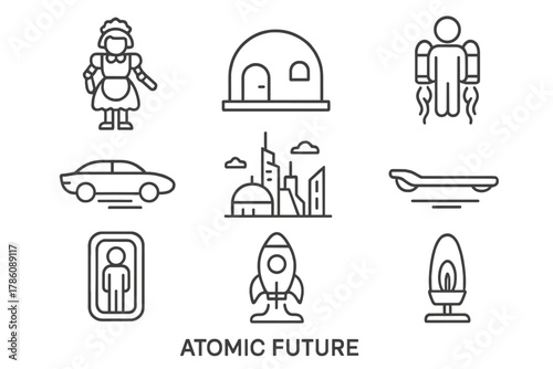 Atomic Future Icons. Line style icons of Atomic Future: Robot Maid, Domed House, Jetpack, Flying Car, Futuristic City, Hoverboard,