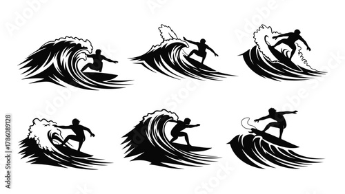 Surfer silhouettes on waves isolated on white background, Vector