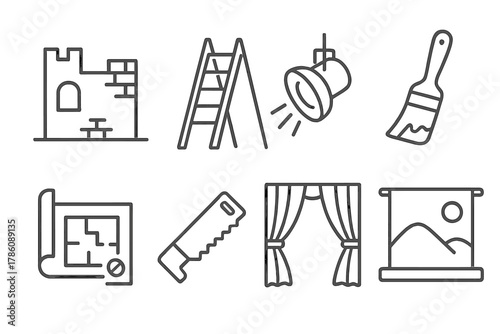 Theatrical Set Design Icons. Line style icons of Stage Design: Set Piece, Ladder, Spotlight, Paint Brush, Blueprint, Saw, Curtain,