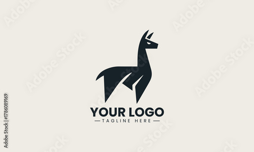 Elegant minimalist llama standing gracefully in a stylized geometric black vector logo design, embodying modern simplicity and charm