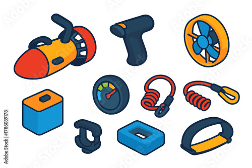 Underwater Diving Gear Icons. Isometric vector illustration set Underwater diving gear – dive scooter, throttle grip, propeller