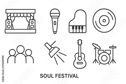 Soul Festival Icons. Line style icons of Soul Festival: Stage, Microphone, Piano, Vinyl Record, Crowd, Spotlight, Guitar, Drum Kit