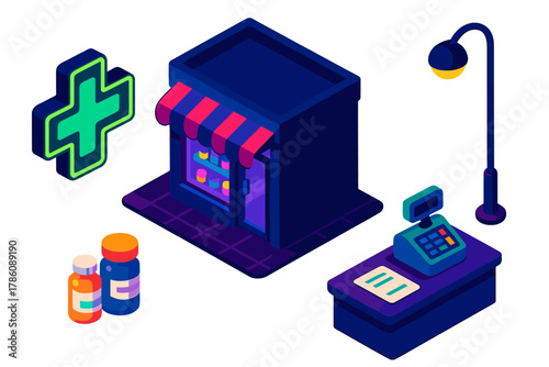 Urban Pharmacy Nightlife. Isometric vector illustration set Urban nightlife – late-night pharmacy, neon cross sign, medicine