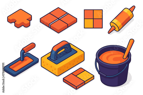 Vibrant Tile Tools. Isometric vector illustration set Puzzle pieces – mosaic tile piece, grout gap, edge bevel; pattern template,
