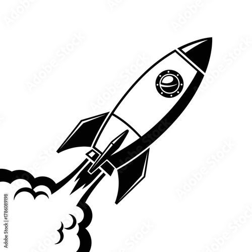 A stylized rocket ship launches with smoke trailing behind it.