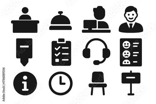 Customer Service Icons. Solid style icons of customer service and queue handling: reception desk, service bell, help desk, smiling