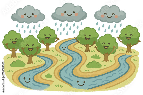 Joyful Swale Landscape. Swale design illustrated as happy winding ditches, trees cheering along the edges, and rainclouds smiling