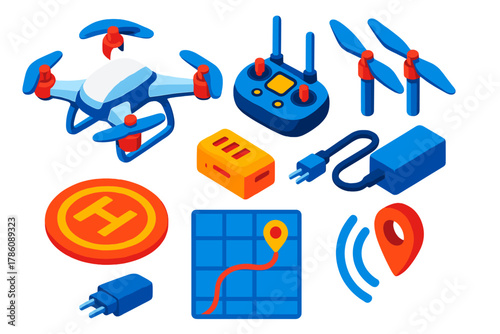 Vibrant Travel Gear Icons. Isometric vector illustration set Travel gear – drone quadcopter, controller, spare propellers; battery