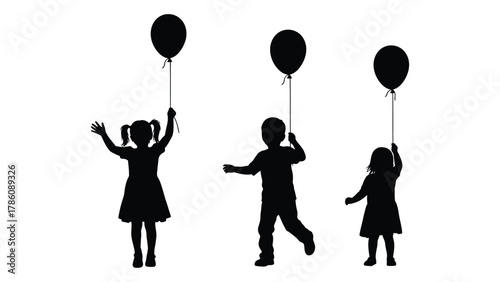 Children with balloons silhouettes isolated on white background, Vector