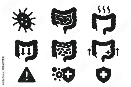 C. diff Treatment Icons. Solid style icons of Clostridioides difficile treatment: pathogen icon, gut inflammation, toxic colon