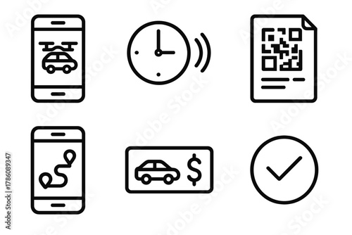 Flying Taxi App Icons. Line style icons of booking and ride process: smartphone flying taxi app, real-time arrival icon, QR code