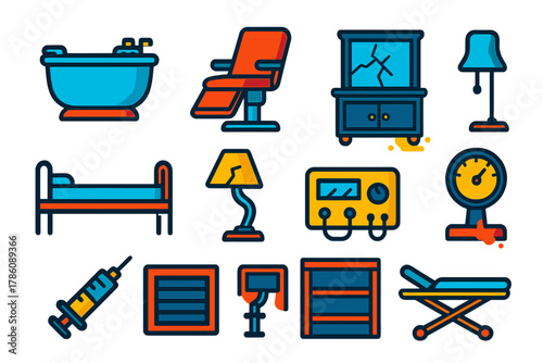 Forgotten Therapy Icons. Flat vector icons of Forgotten Therapy Rooms: hydrotherapy tub, examination chair, cracked mirror, dusty