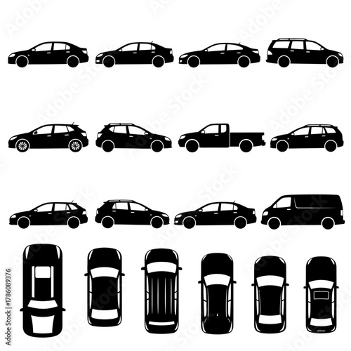 Collection of various car silhouettes viewed from different angles.