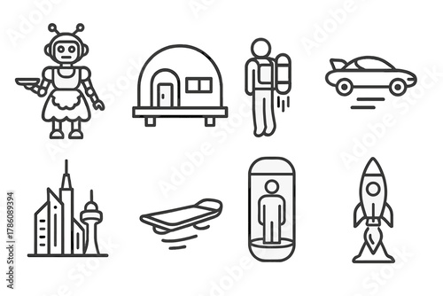 Atomic Future Icons. Line style icons of Atomic Future: Robot Maid, Domed House, Jetpack, Flying Car, Futuristic City, Hoverboard,
