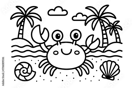 Crab Beach Adventure. A cute crab walking on the beach with seashells, palm trees, and waves in the background, black and white