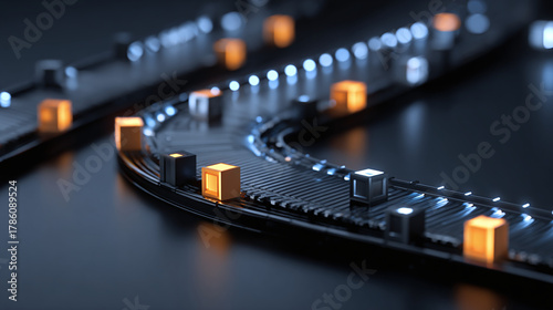 Production line, conveyor belt, process, automated manufacturing, and Industry concept. The image showcases the smooth movement of materials