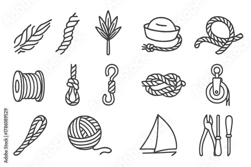 Rope Making Icons. Line style icons of Rope Making: Twisting Fibers, Hemp, Sailor's Craft, Coil; Rope Spool, Rigging Hook, Knot,