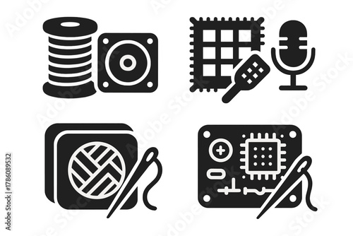 DIY Sonic Fabric Icons. Solid style icons of DIY sonic fabric kits: thread and speaker set, maker audio patch, DIY tone cloth