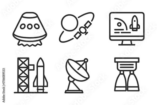 Space Mission Icons. Line style icons of space missions and technology: crew capsule icon, satellite orbit model, ground control
