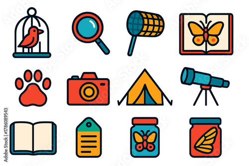 Animal Observation Icons. Flat vector icons of Animal Observation: bird in cage, magnifying glass, butterfly net, field sketch,