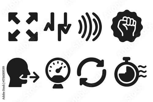 Compression Decompression Icons. Solid style icons of compression vs decompression cycles: expand-contract arrows, pulse shift