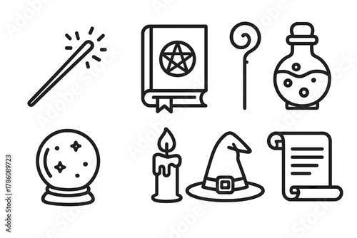 Magical Workshop Icons. Line style icons of Magical Workshop: Wand, Spellbook, Staff, Potion Bottle, Crystal Ball, Candle, Hat,