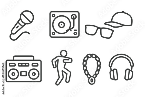 Reggaeton Icon Set. Line style icons of Reggaeton: Microphone, DJ Turntable, Sunglasses, Cap, Boom Box, Dance Moves, Chain