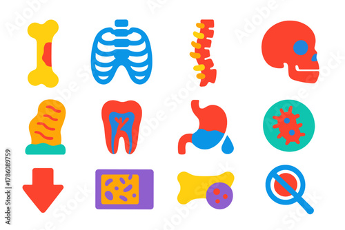 Ancient Pathology Icons. Flat vector icons of pathology indicators in ancient remains: bone lesion, rib cavity, spinal deformation