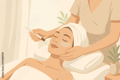 Spa Facial Serenity. Relaxed woman receiving a facial treatment in a spa, illuminated by soft natural light, serene and calming