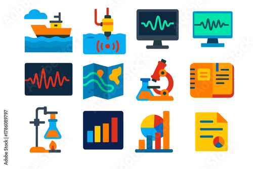 Marine Research Icons. Flat vector icons of marine acoustic research workflow: field deployment, sensor placement, data recording,