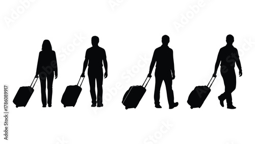 Travelers with luggage silhouettes isolated on white background, Vector