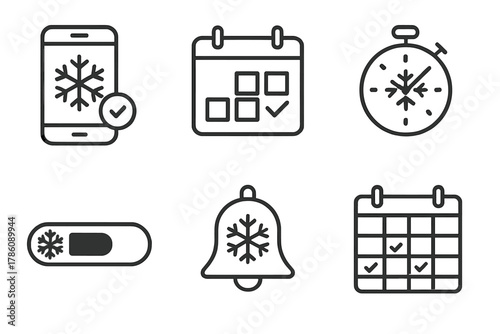 Cryotherapy Schedule Icons. Line style icons of cryotherapy timing and scheduling: booking app, calendar check icon, timer