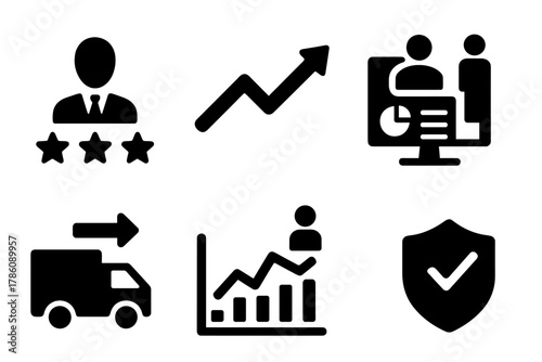 Supplier Performance Icons. Solid style icons of supplier performance forecasting: supplier with rating stars, future performance