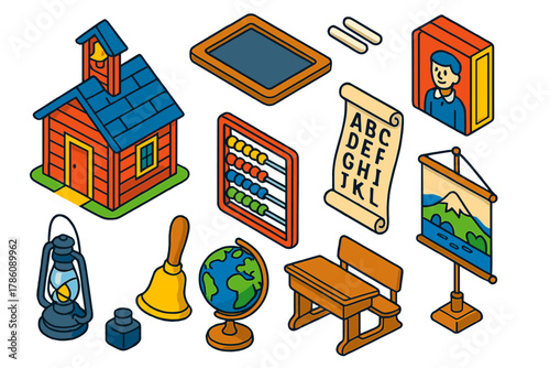 Vintage Schoolhouse Icons. Isometric vector illustration set Vintage Pedagogy: rural wooden schoolhouse, slate tablet, chalk