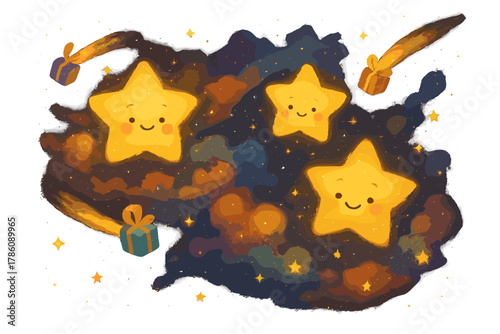 Stellar Nursery Delight. Stellar nursery with smiling baby stars, glowing nebula clouds, and comets bringing gifts of stardust No