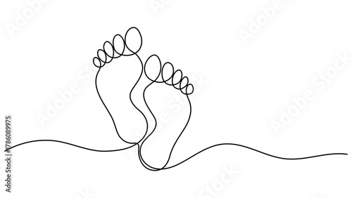 Footprint and bare foot continuous one line drawing. Concept of Wellness massage and Care about soft skin. Elegance female feet in simple linear style. Vector illustration. Editable Stroke 